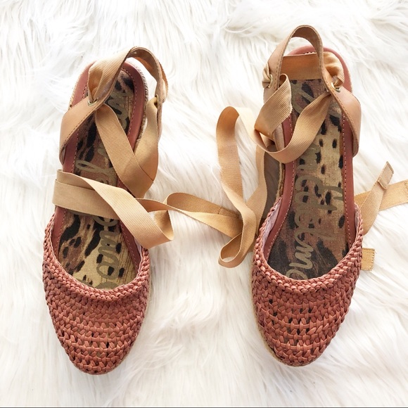 Sam Edelman Tie Up Straw Wedges Genuine Leather - Picture 3 of 9